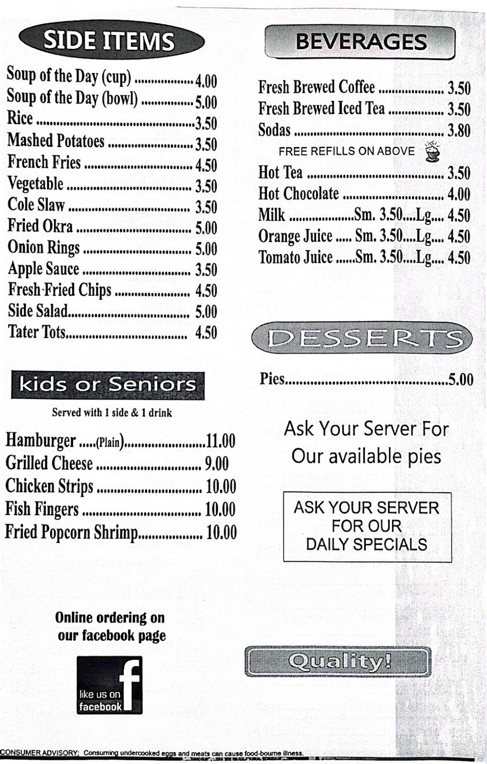 Printed diner menu with lunch and sides