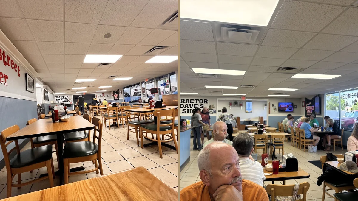 Coffee cups and lunch plates on tables