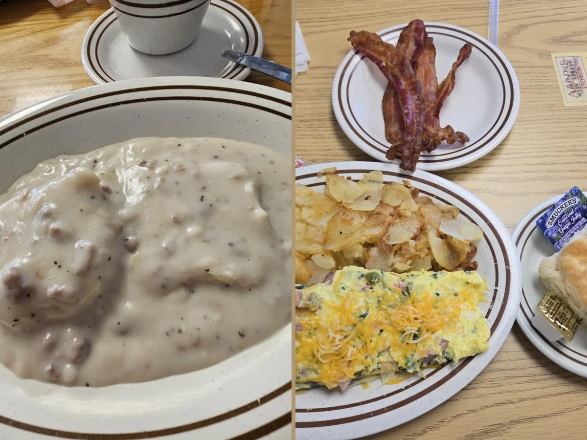 Casual diner tables with breakfast plates